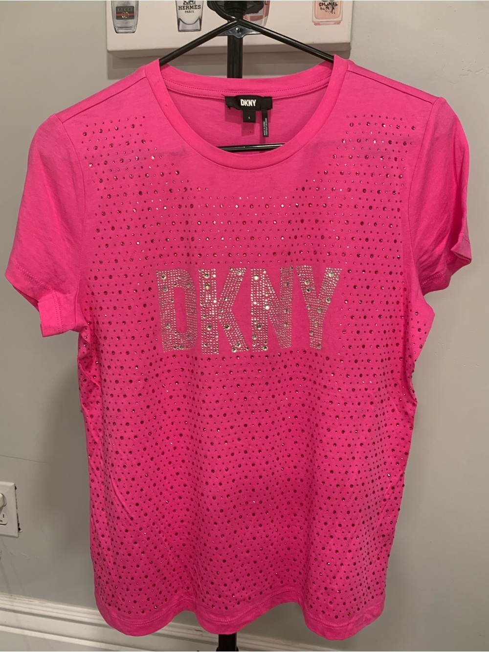 EUC DKNY Bright Pink Rhinestone Logo Tee -GB001